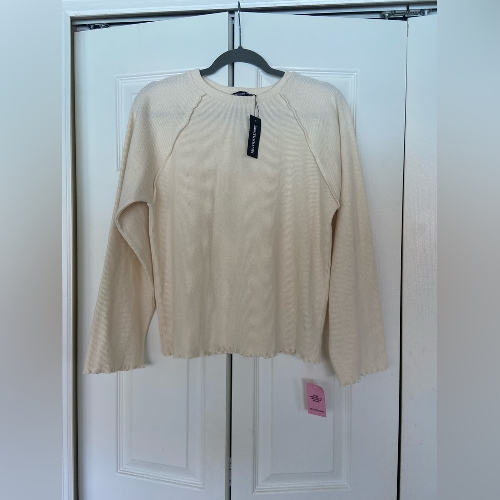 PrettyLittleThing Cream Ribbed Crew Neck Top